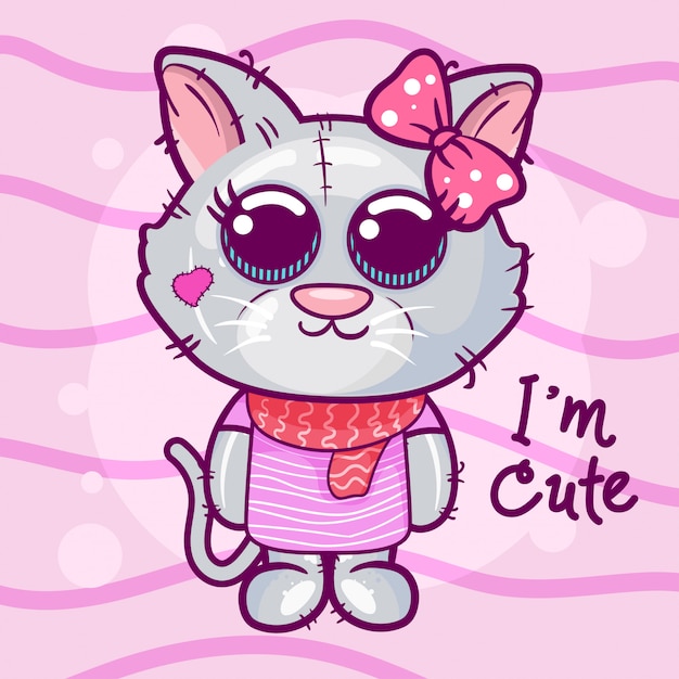 Premium Vector | Cute cartoon kitten on a pink background.