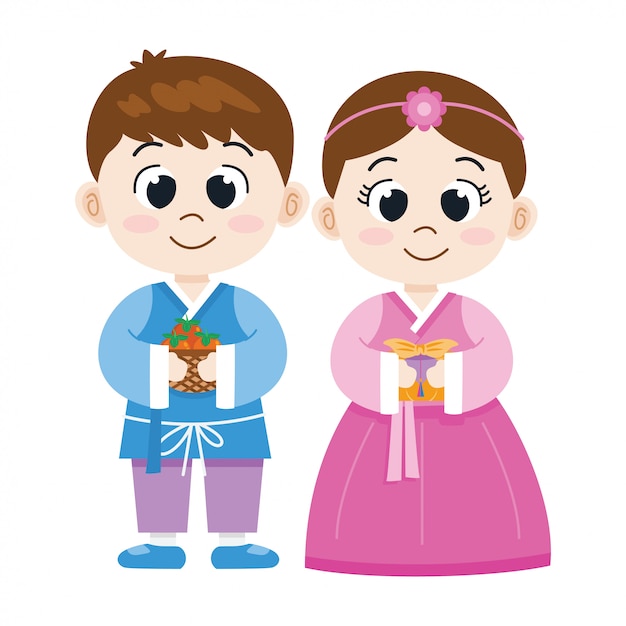 かわいい漫画韓国の男の子と女の子の民族衣装 イラスト プレミアムベクター