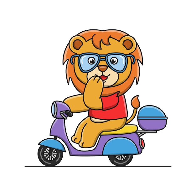 バイクに乗ってかわいい漫画ライオンベクトルイラストデザイン プレミアムベクター