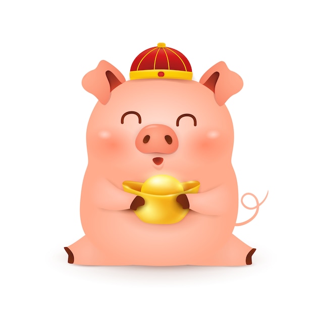 伝統的な中国の赤い帽子と白い背景に分離された中国の金のインゴットを保持しているかわいい漫画子豚キャラクターデザイン 豚の年 豚の干支 プレミアムベクター