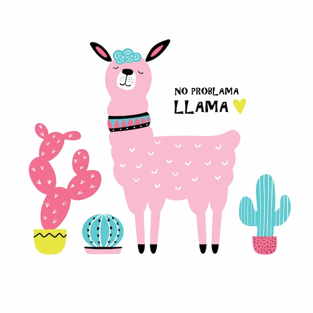 Premium Vector | Cute cartoon llama with cactus.