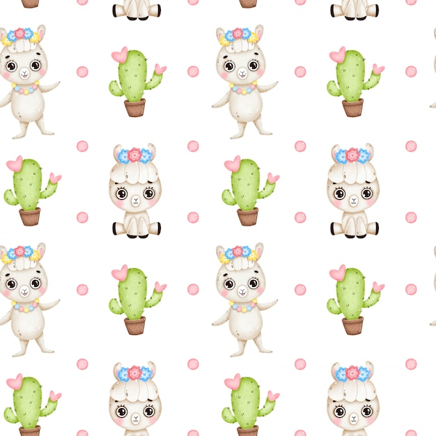 Download Premium Vector | Cute cartoon llamas seamless pattern. baby llama with flowers, cactus with ...