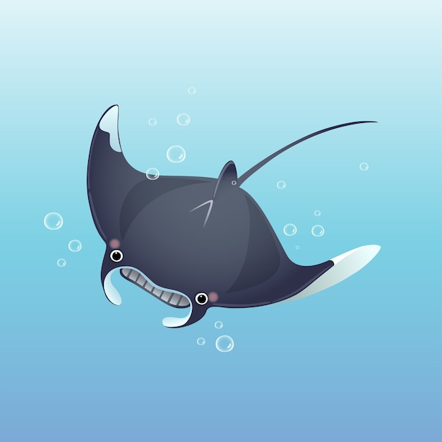 Premium Vector | Cute cartoon manta ray swimming in the deep blue sea.