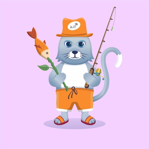 Premium Vector | Cute cartoon mascot cat fishing with fish. animal ...