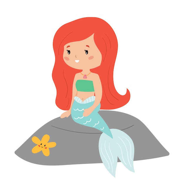 Premium Vector Cute cartoon mermaid is sitting on the rock.