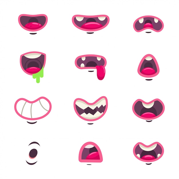 Cute cartoon monster mouth vector set isolated on white background