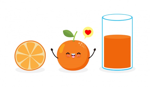 かわいい漫画のオレンジとオレンジジュースのグラス 幸せな朝食面白いフルーツ文字親友セット 白い背景イラストを分離した健康的な食生活のコンセプト プレミアムベクター