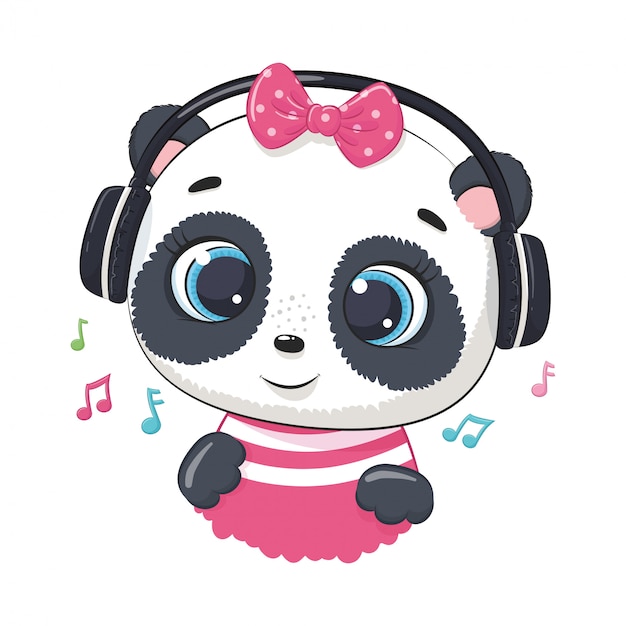 ヘッドフォンでかわいい漫画パンダの女の子が音楽を聴く プレミアムベクター