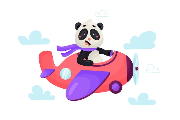 かわいい漫画のパンダのパイロットが雲の中を飛行機で飛んでいます キャラクターイラスト プレミアムベクター