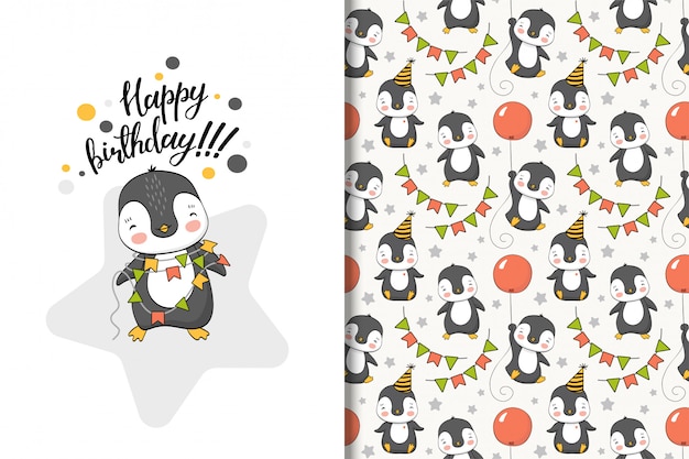 Cute cartoon penguin greeting card and seamless pattern Premium Vector