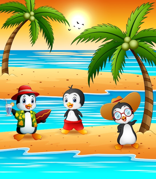 Premium Vector | Cute cartoon penguins in summer holiday