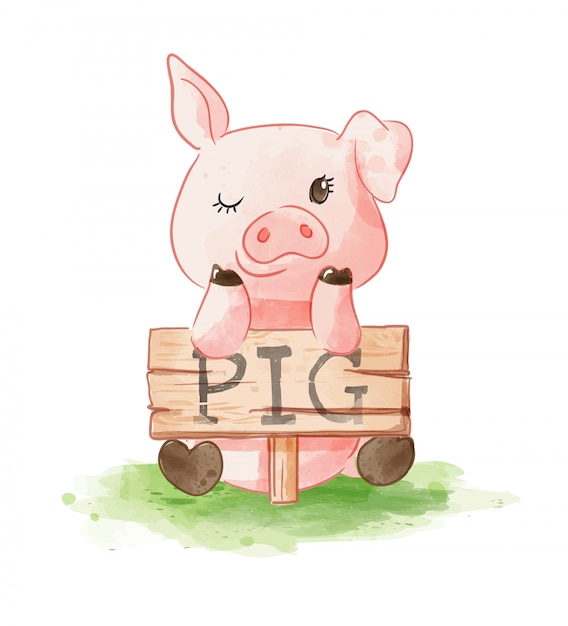 プレミアムベクター かわいい漫画の豚hoding豚の木製看板イラスト