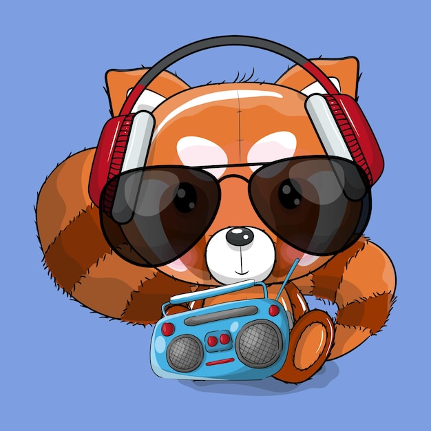 Premium Vector | Cute cartoon red panda listening music vector illustration