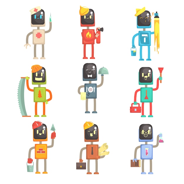 カラフルなキャラクターイラストの様々な職業のかわいい漫画ロボットセット プレミアムベクター