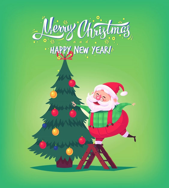 かわいい漫画のサンタクロースがクリスマスツリーを飾るメリークリスマスイラストグリーティングカードポスター プレミアムベクター