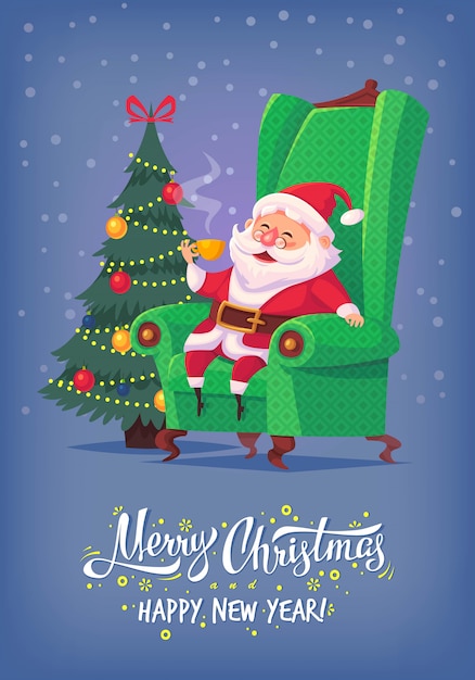 かわいい漫画のサンタクロースが椅子に座ってお茶を飲むメリークリスマスイラストグリーティングカードポスター プレミアムベクター