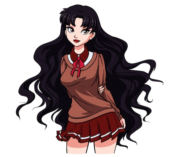 Cute cartoon school girl with wavy black hair and big brown eyes Premium Vector