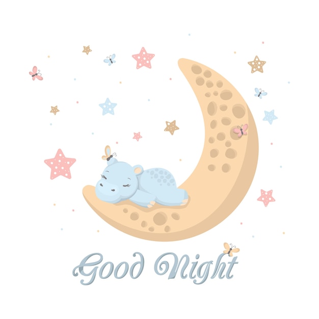 Premium Vector | Cute cartoon sleeping baby animal hippo with moon and ...