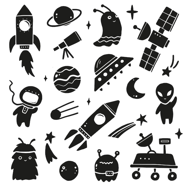 かわいい漫画のスペースセット ロケット 宇宙飛行士 惑星 Ufo エイリアン 手描きの黒いシルエットスタイル プレミアムベクター