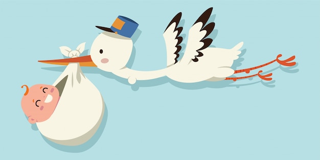 かわいい漫画コウノトリと赤ちゃん 青色の背景に分離した生まれたばかりの子供を運ぶ飛ぶ鳥のイラスト プレミアムベクター