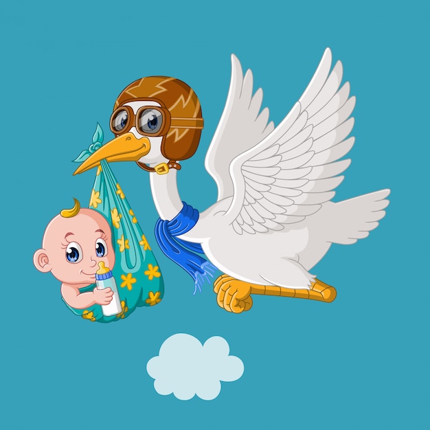 Premium Vector Cute Cartoon A Stork Flying With Baby Boy