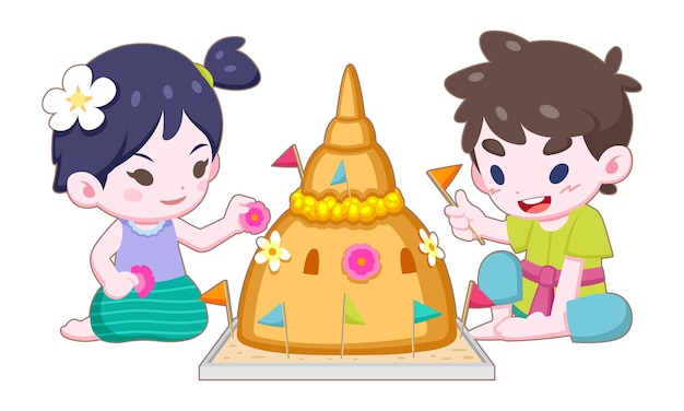 かわいい漫画スタイルのタイの女の子と男の子のヴィンテージを着て砂塔のイラストを作って飾る プレミアムベクター
