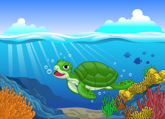 Premium Vector | Cute cartoon turtle swimming in coral reef