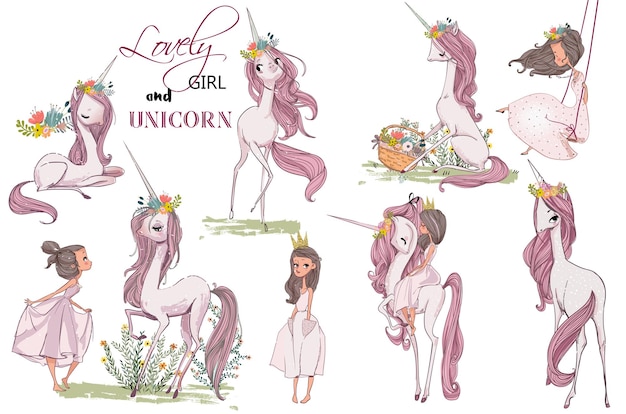 Premium Vector | Cute cartoon unicorn with with girl and hare