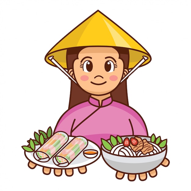 Premium Vector | Cute cartoon vietnamese girl in traditional cloth