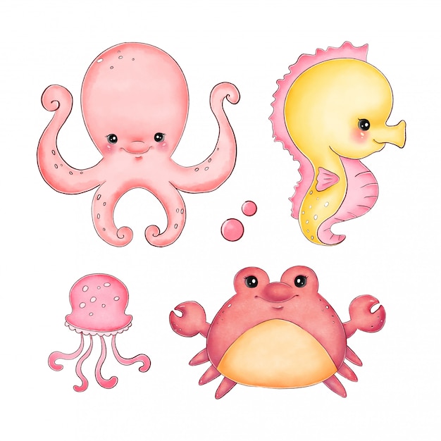 Premium Vector | Cute cartoon watercolor sea animals set on a white ...