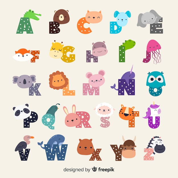 Free Vector | Cute cartoon zoo illustrated alphabet with funny animals