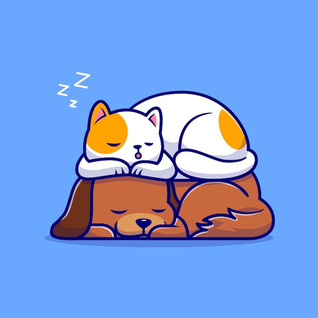 かわいい猫と犬が一緒に寝ている漫画イラスト プレミアムベクター