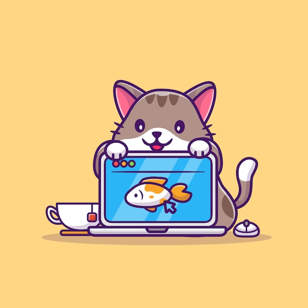 かわいい猫とラップトップの漫画アイコンイラスト 分離された動物技術アイコンコンセプト フラット漫画スタイル プレミアムベクター