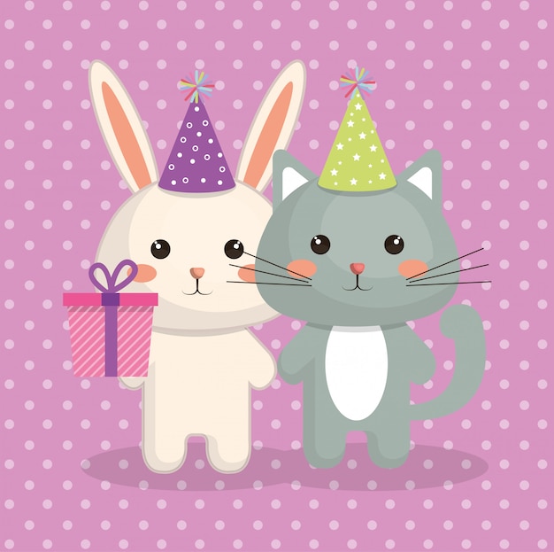 かわいい猫とウサギのかわいいカワイイキャラクター誕生日カード 無料のベクター