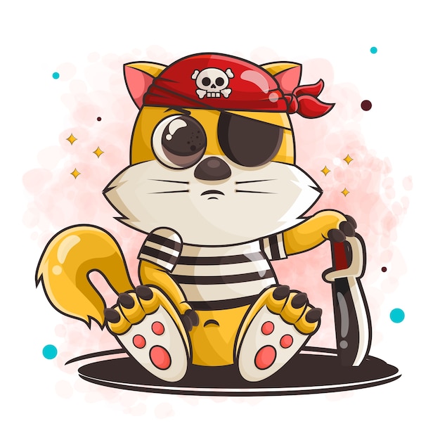 海賊の衣装イラストでポーズをとるかわいい猫の漫画のキャラクター プレミアムベクター
