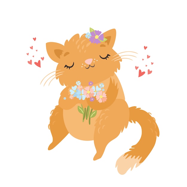 花と恋にかわいい猫キャラクター 無料のベクター