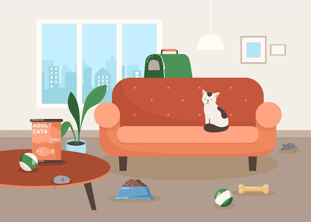 リビングルームのイラストでソファに座っているかわいい猫のキャラクター プレミアムベクター