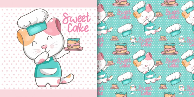 Cute cat cooking seamless pattern and illustration card Premium Vector