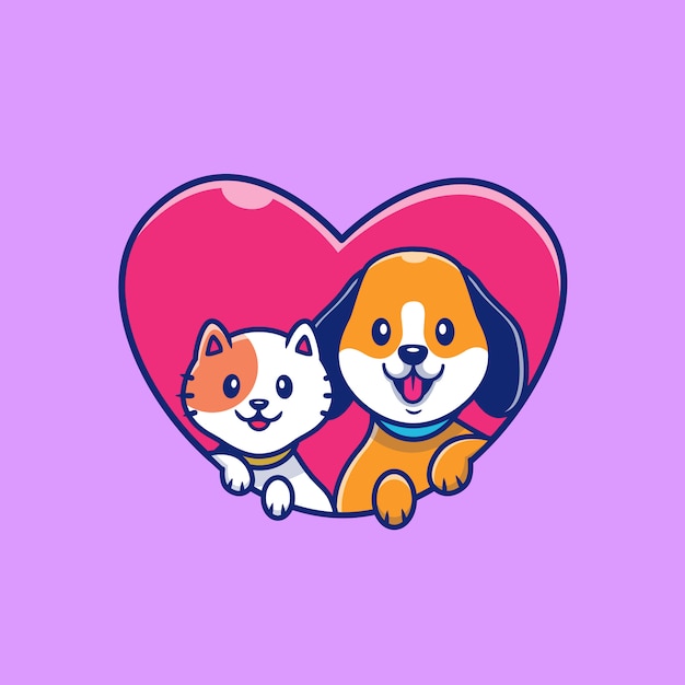 Premium Vector Cute Cat And Dog With Love Icon Illustration Animal Icon Concept Isolated Flat Cartoon Style