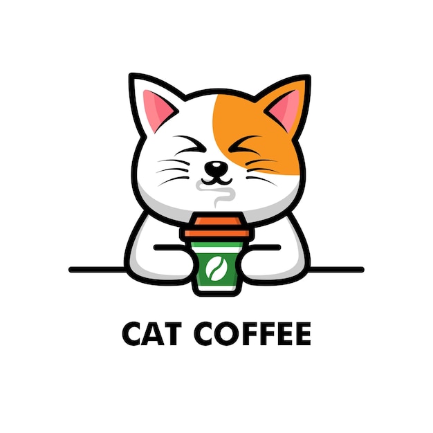 かわいい猫はコーヒー カップを飲む漫画の動物のロゴのコーヒー イラスト プレミアムベクター