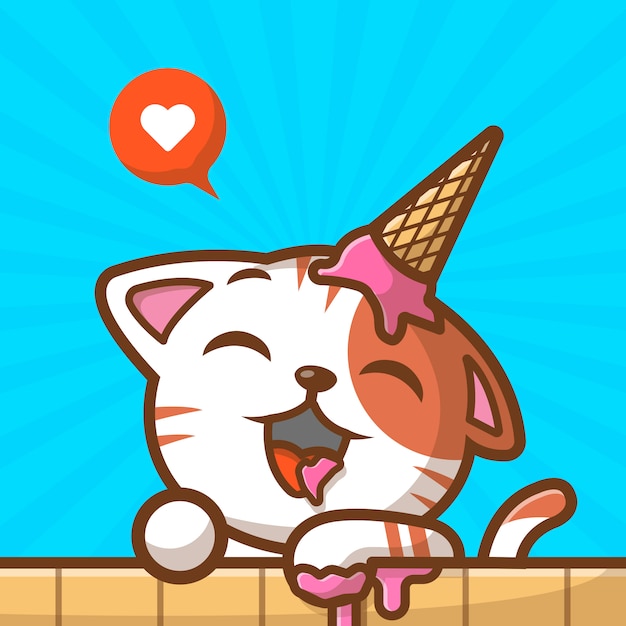 かわいい猫は愛ベクトルアイコンイラストでアイスクリームを食べる 猫の頭の上のアイスクリーム 動物ロゴアイコンコンセプト プレミアムベクター