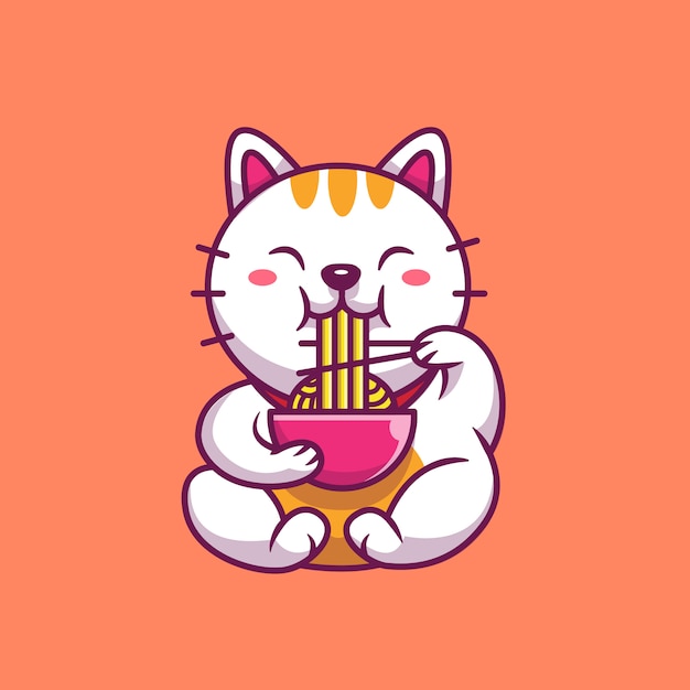 Premium Vector | Cute cat eat ramen noodle