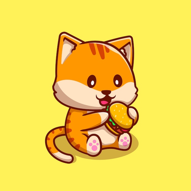 Premium Vector | Cute cat eating burger cartoon icon illustration