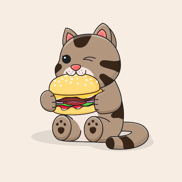 Premium Vector Cute Cat Eating Burger And Winking