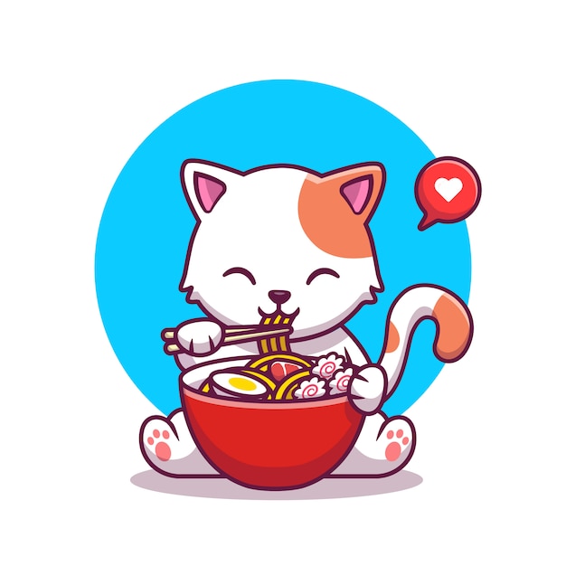 箸漫画アイコンイラストでかわいい猫食べる麺 動物フードアイコンコンセプト分離プレミアム フラット漫画のスタイル プレミアムベクター