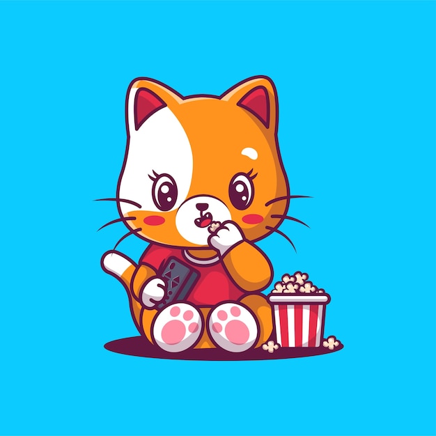 ポップコーンのイラストを食べるかわいい猫 プレミアムベクター