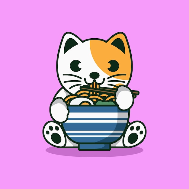 Premium Vector | Cute cat eating ramen noodle cartoon vector illustration