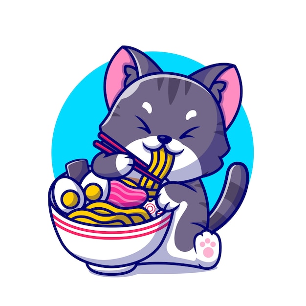 かわいい猫が箸漫画アイコンイラストでラーメンを食べる プレミアムベクター