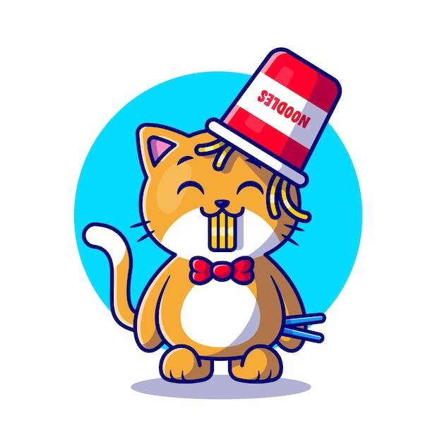 箸漫画イラストでラーメンを食べるかわいい猫 無料のベクター