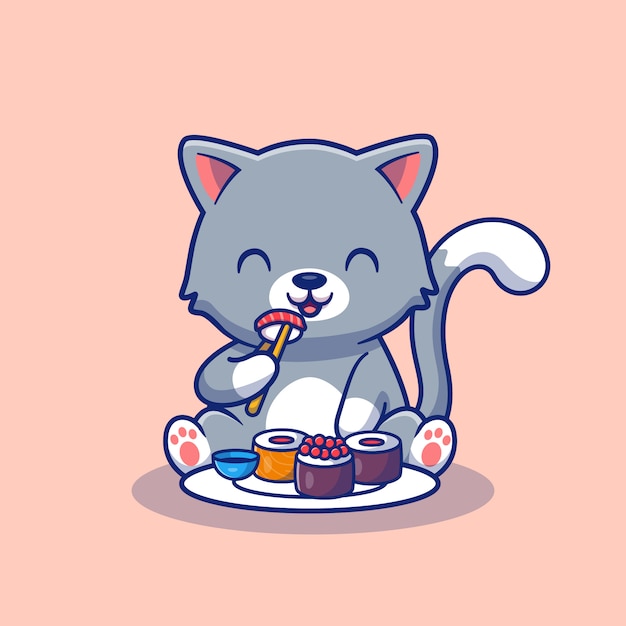 寿司漫画イラストを食べるかわいい猫 プレミアムベクター